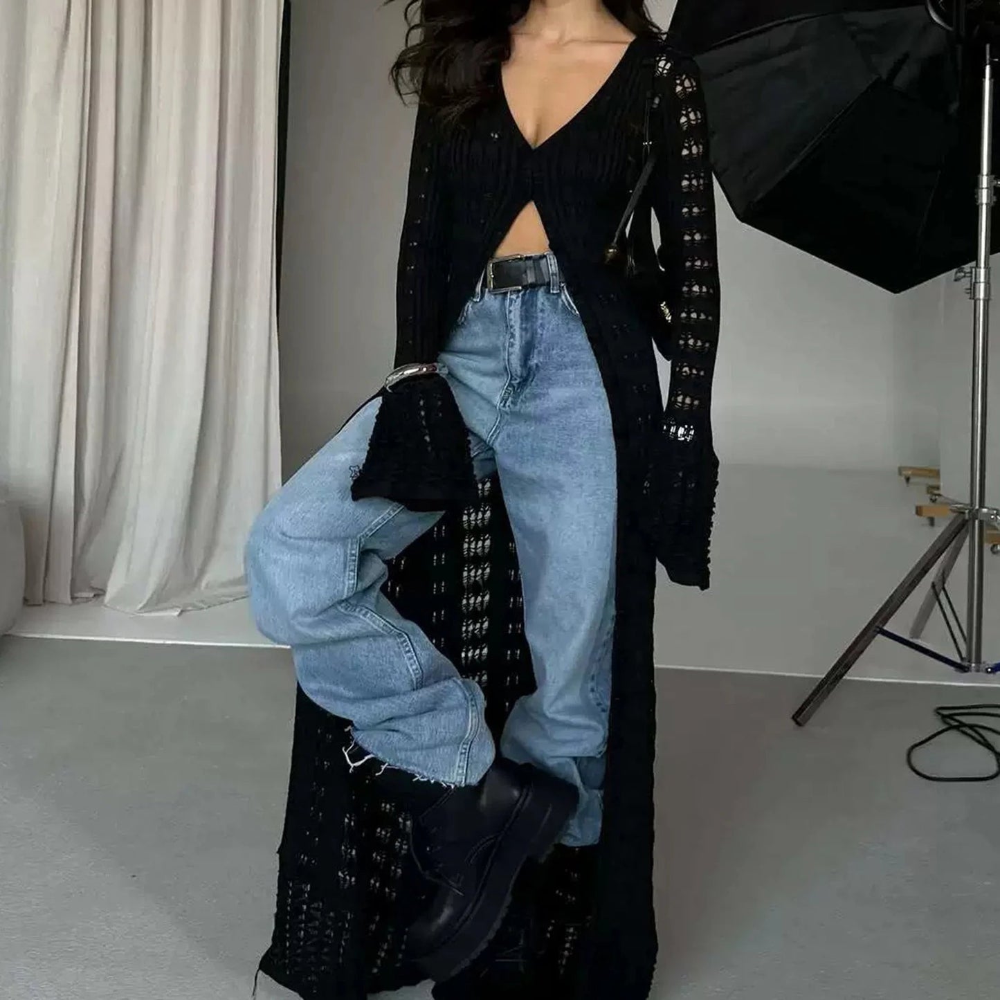 ZEYA - Genevra Hollowed V-Neck Long Cardigan