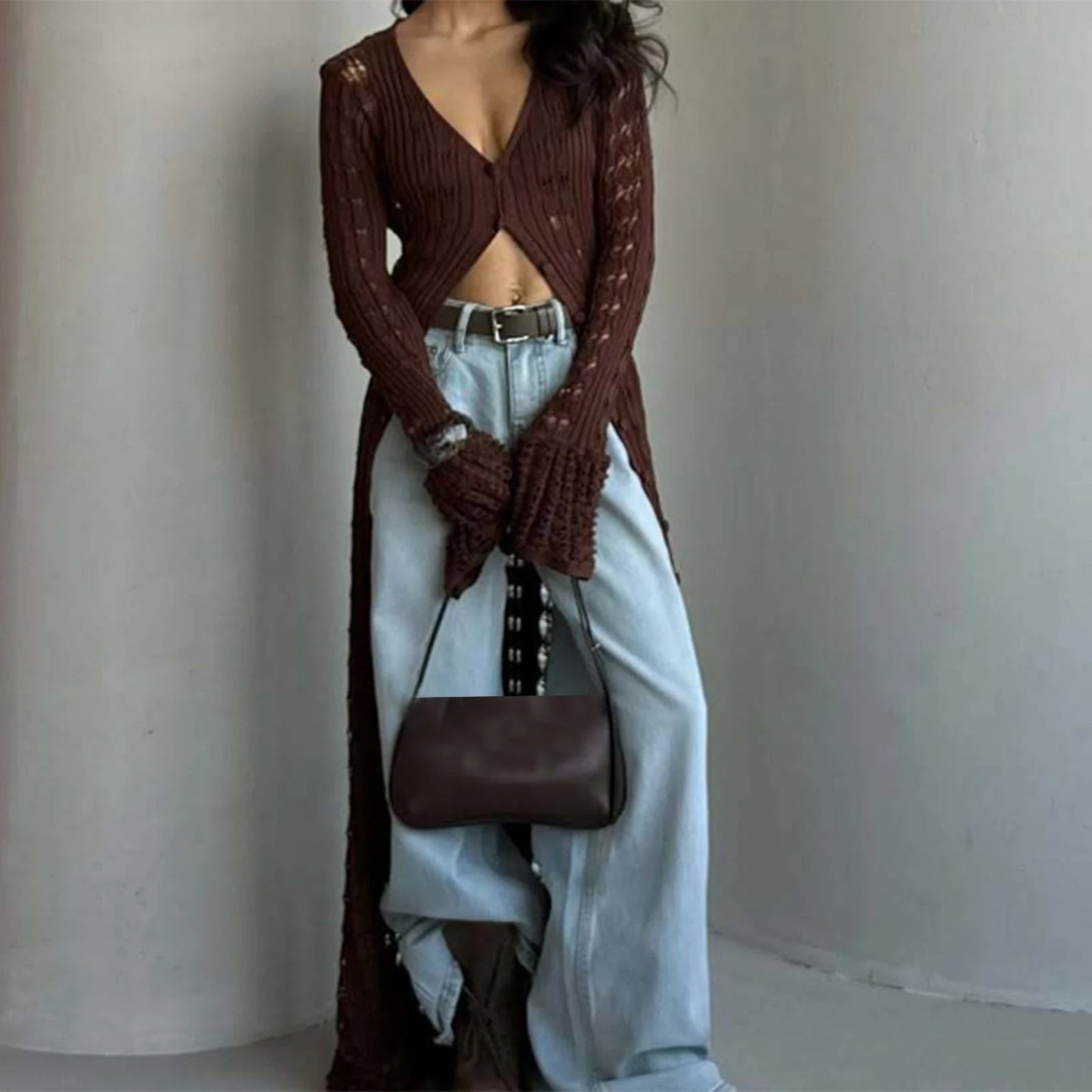 ZEYA - Genevra Hollowed V-Neck Long Cardigan