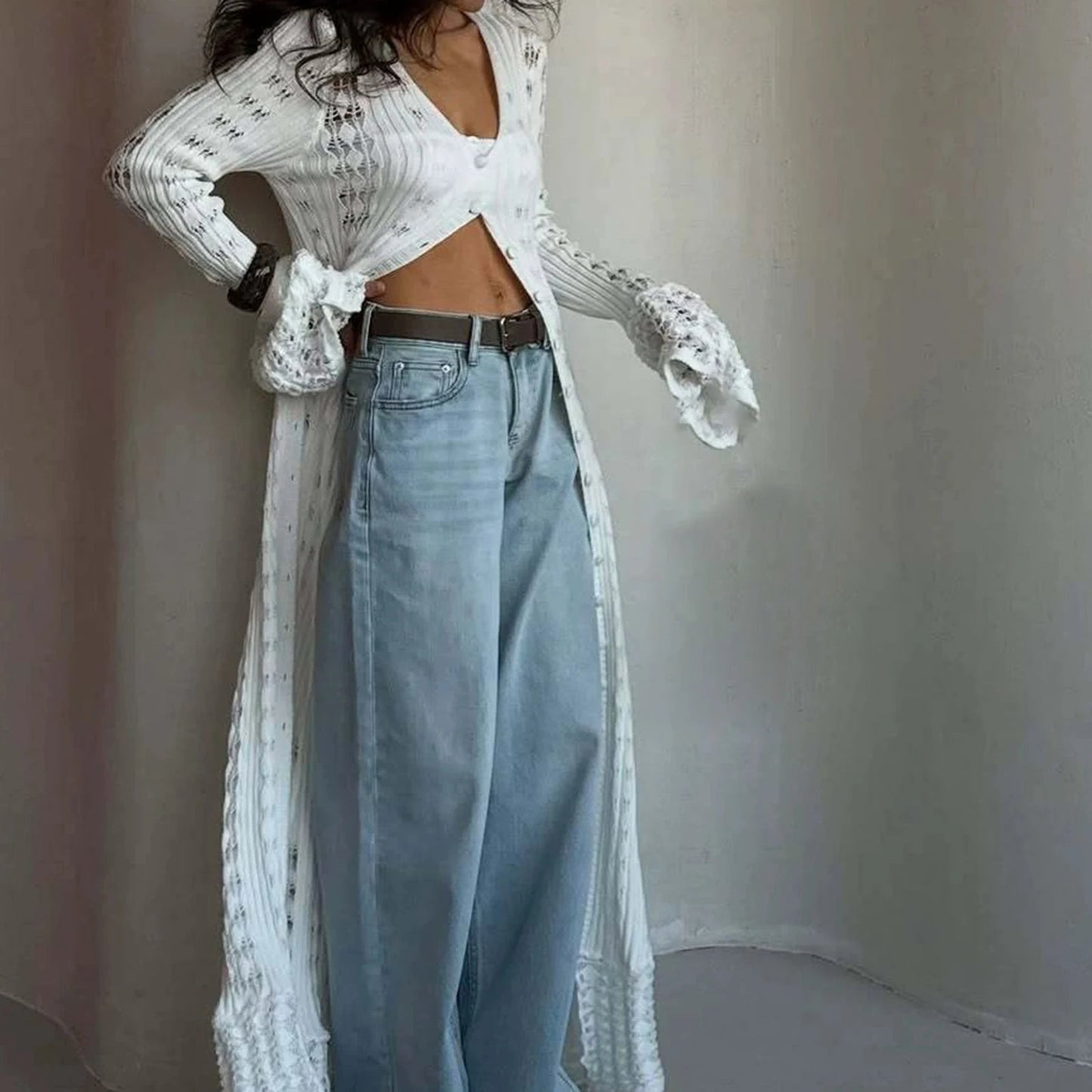 ZEYA - Genevra Hollowed V - Neck Long Cardigan