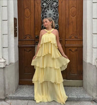 Rose Rüschen-Maxikleid mit freiem Rücken