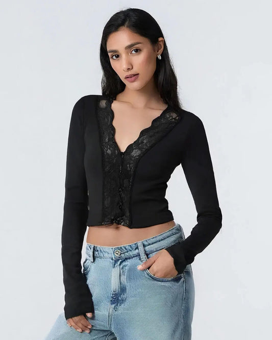 ZEYA - Jenna Long Sleeve Lace Trim Blouse