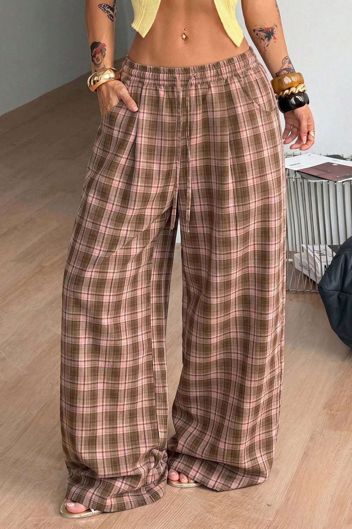 ZEYA - Jessica Plaid Wide Leg Drawstring Pants