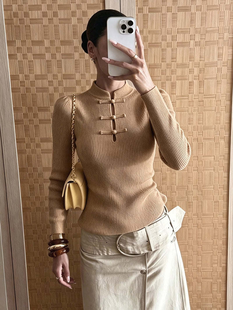 ZEYA - Katie Mandarin Collar Ribbed Knit Top
