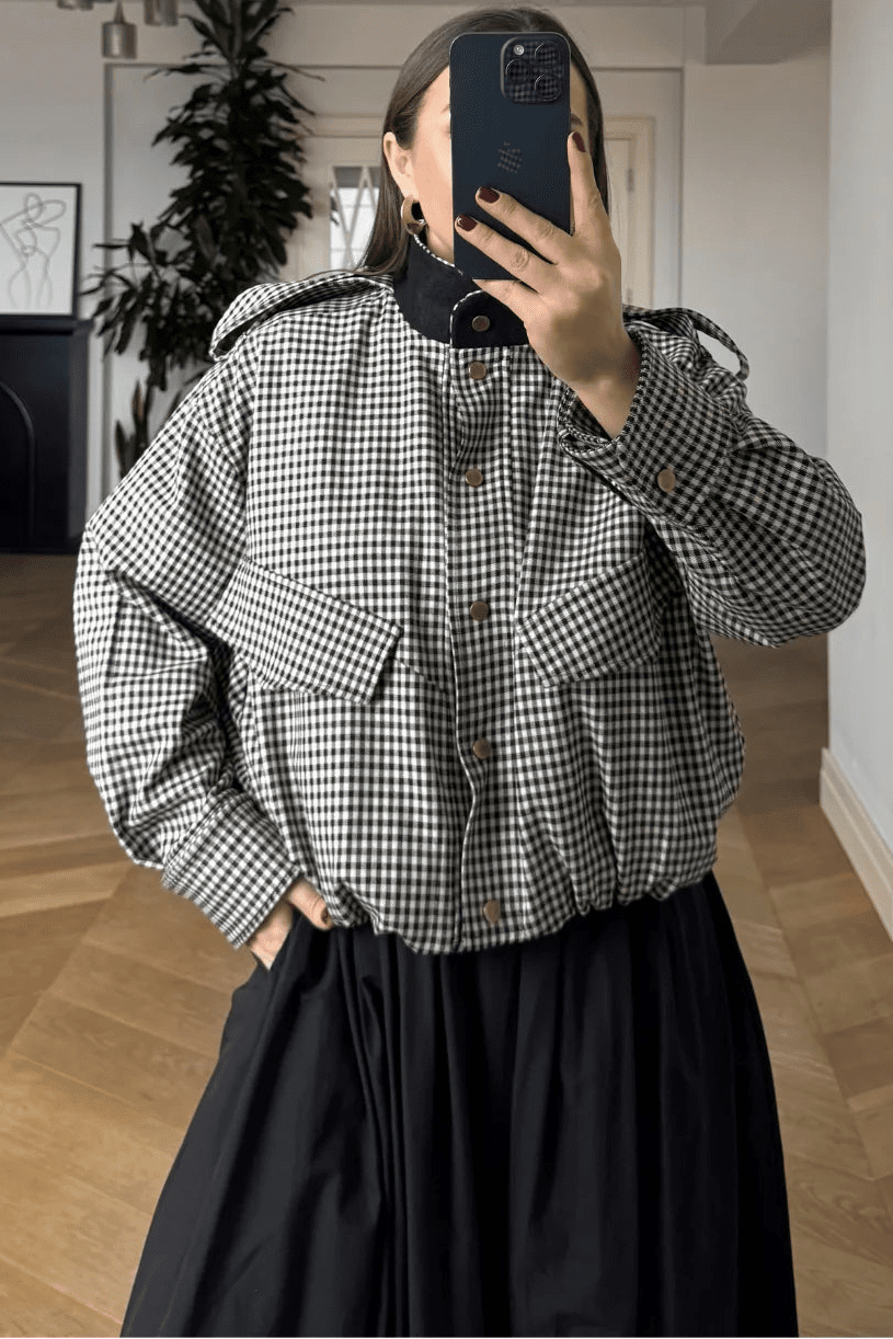 ZEYA - Lisa High Neck Checked Bomber Jacket