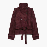 Veste Nicole ceinturée col cheminée en suédine synthétique
