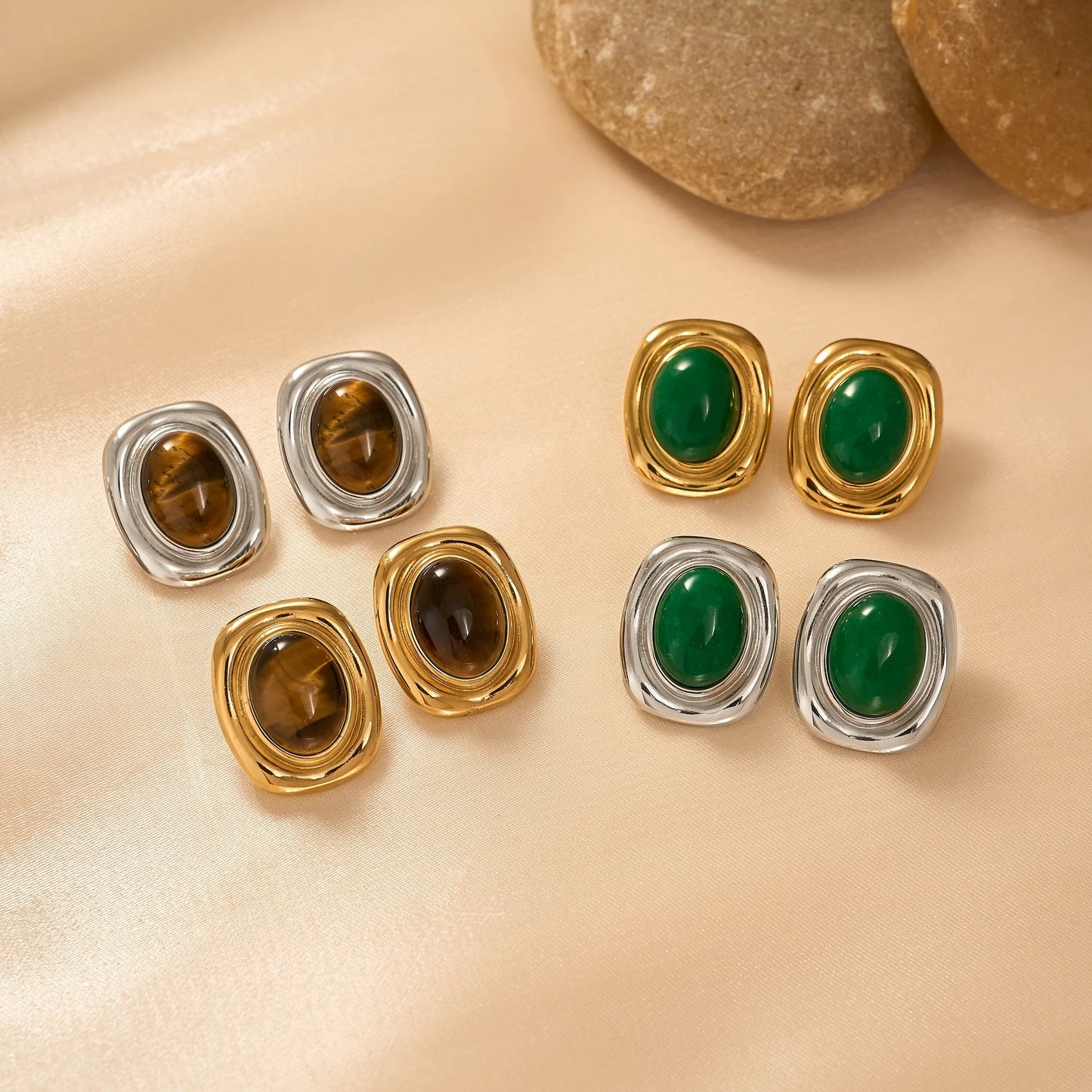 ZEYA - Olivia - Vintage Oval Gold Earrings with Natural Stones