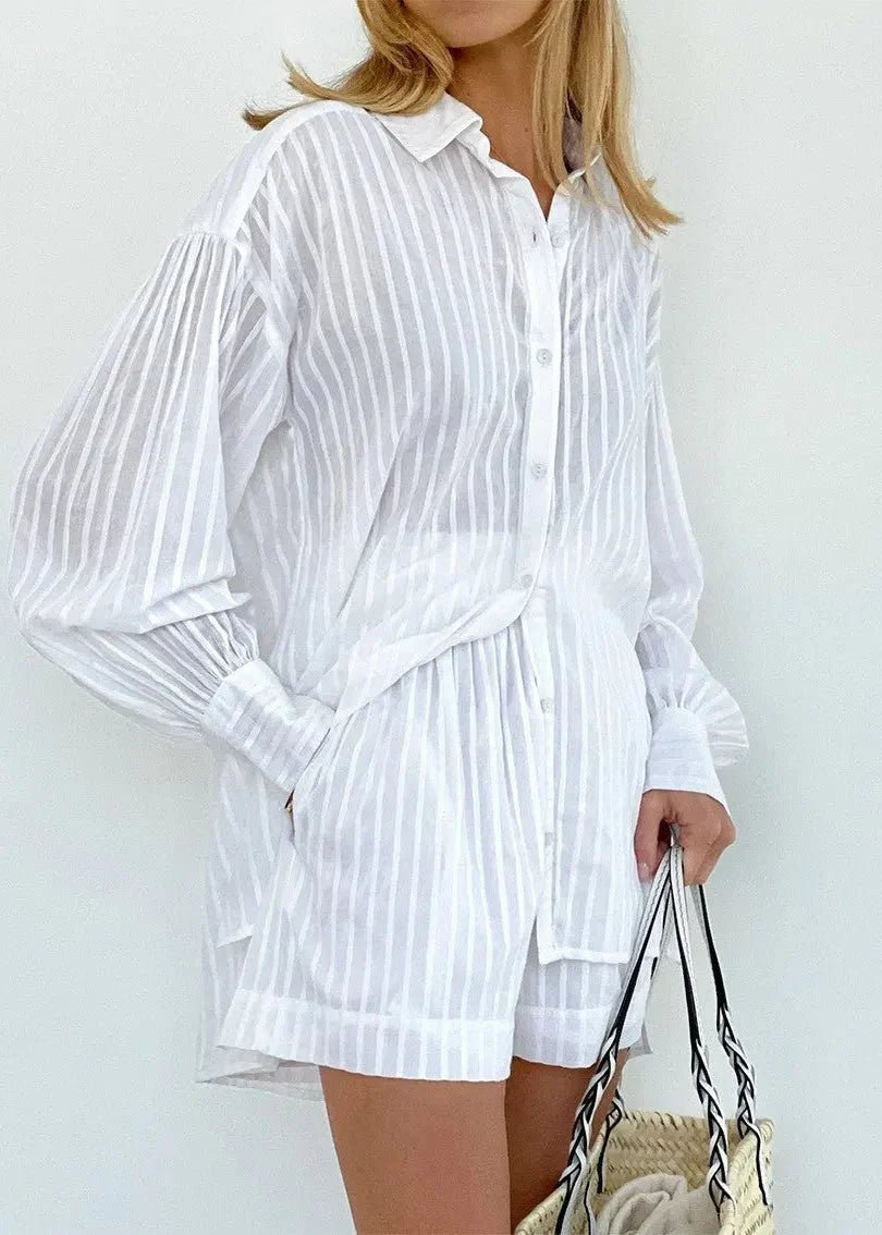 ZEYA - Rinaya Striped Cotton Shirt and Shorts Set