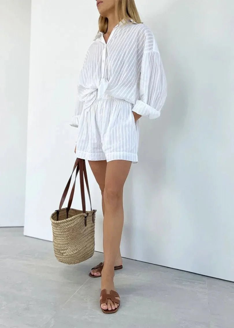 ZEYA - Rinaya Striped Cotton Shirt and Shorts Set