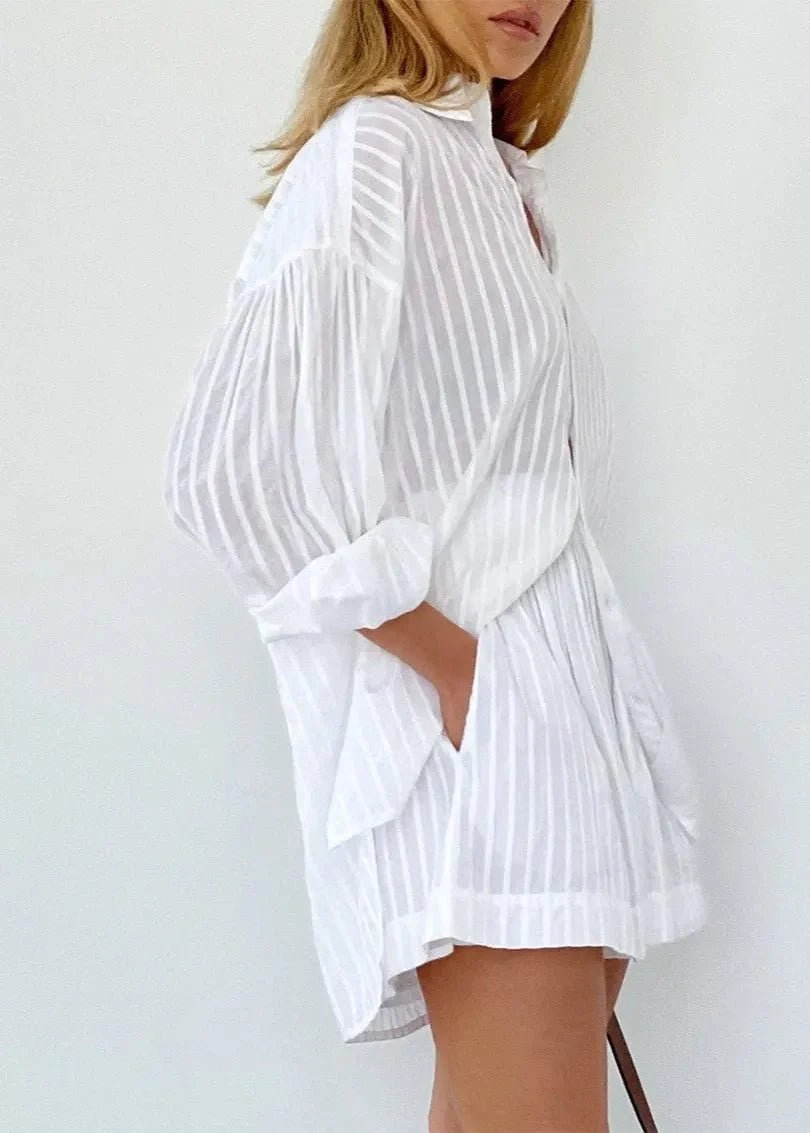 ZEYA - Rinaya Striped Cotton Shirt and Shorts Set