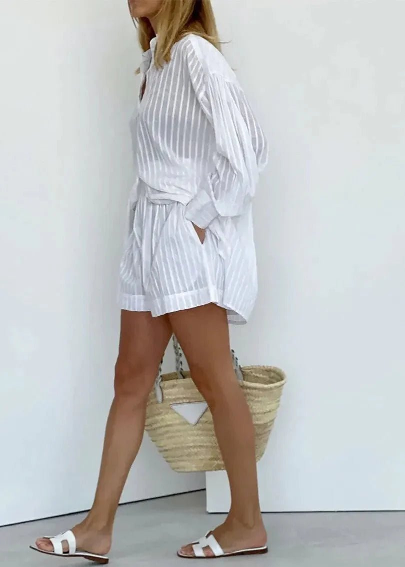 ZEYA - Rinaya Striped Cotton Shirt and Shorts Set