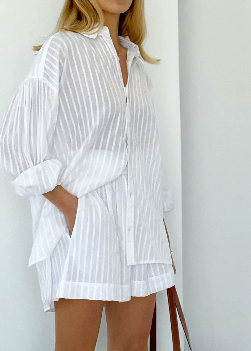 ZEYA - Rinaya Striped Cotton Shirt and Shorts Set