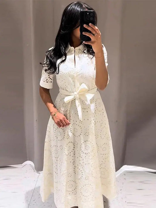 ZEYA - Rosie Embroidered Belted Midi Dress