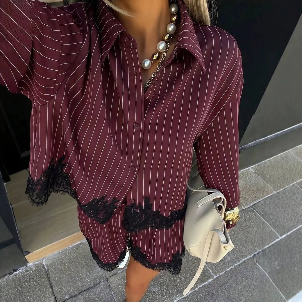 ZEYA - Sabrina Pinstripe Lace Trim Shorts Set