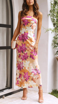 Robe longue sans bretelles à motif floral Salma