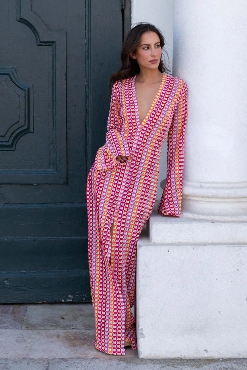 ZEYA - Sophia Crochet Stripe Flare Sleeve Maxi Dress