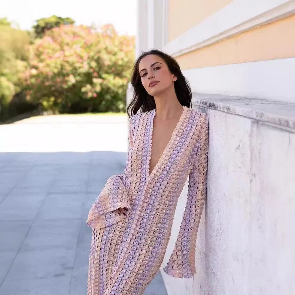 ZEYA - Sophia Crochet Stripe Flare Sleeve Maxi Dress