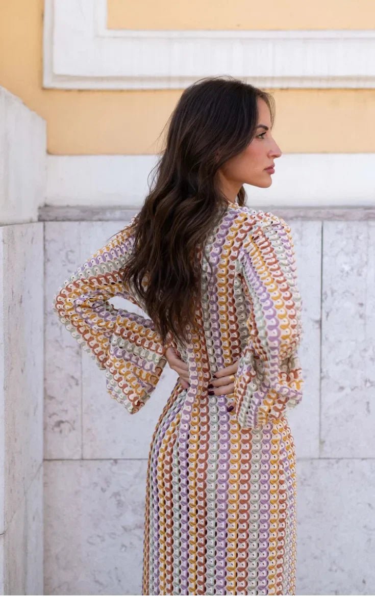 ZEYA - Sophia Crochet Stripe Flare Sleeve Maxi Dress