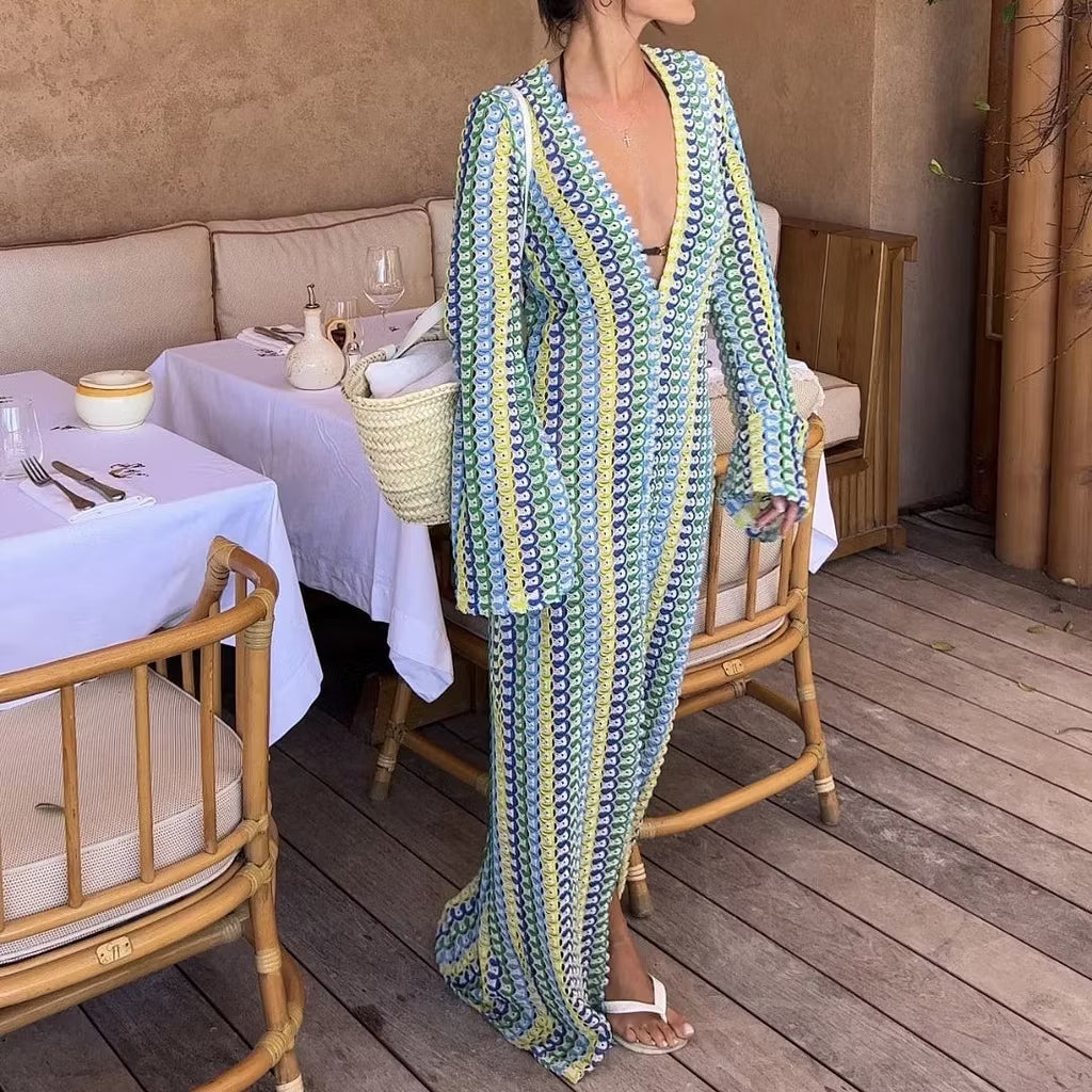 Sophia gehäkeltes gestreiftes Maxikleid mit ausgestellten Ärmeln