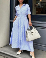 Winona Striped Lace-Up Collar Maxi Dress